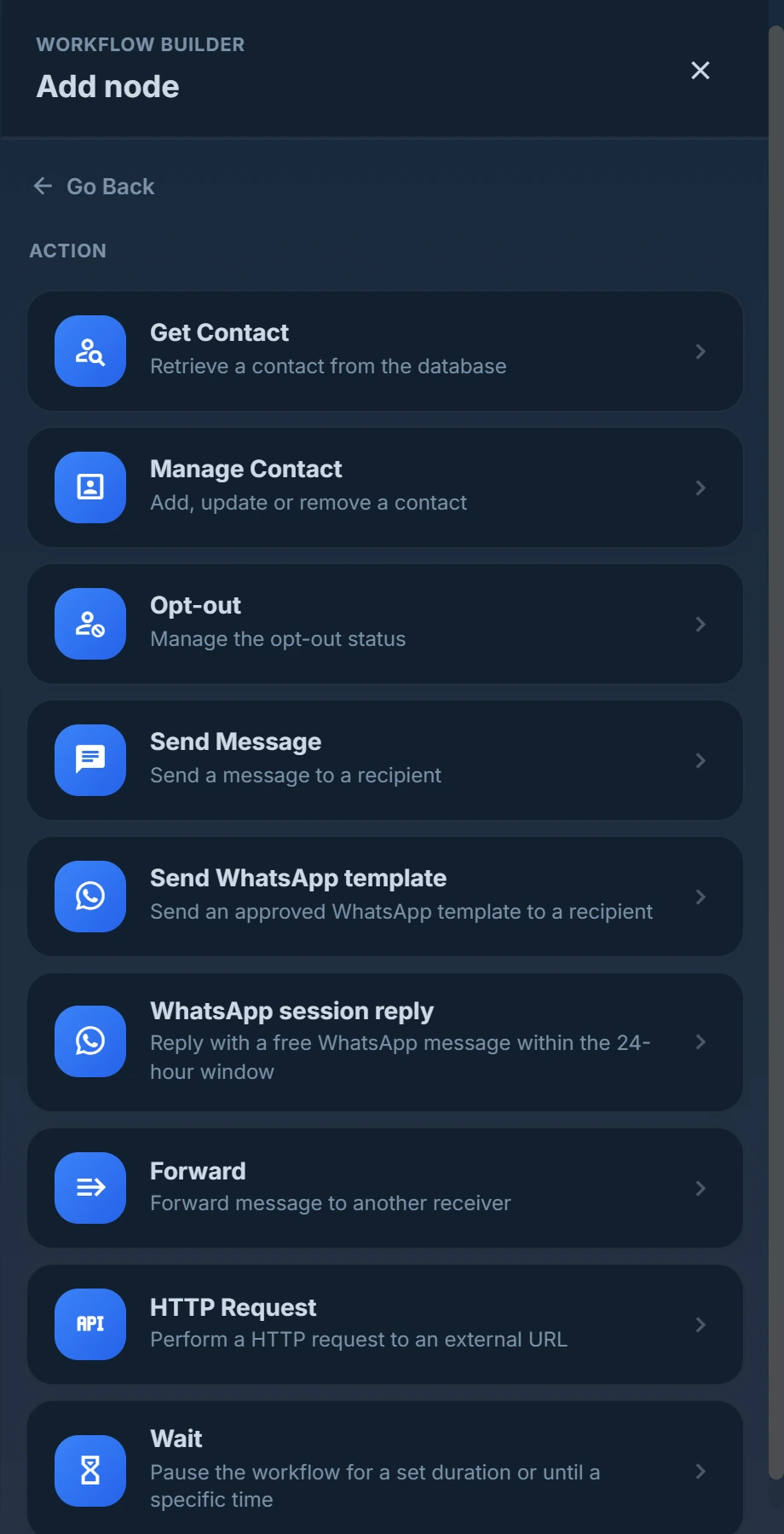 Adding a node in the workflow builder: choose from actions like Send Message, WhatsApp template, HTTP Request and Wait